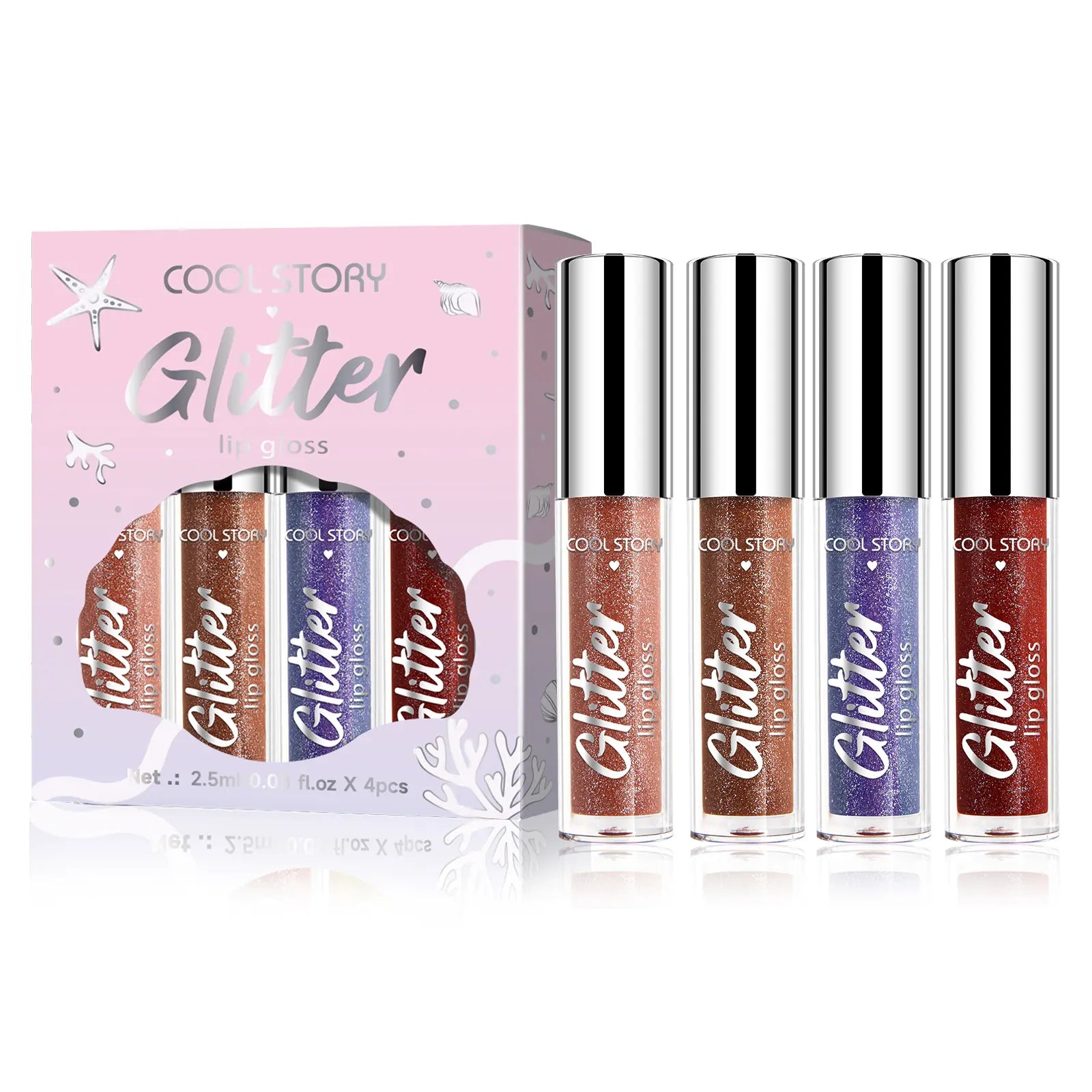 Cool Story 4Pcs Glitter Lip Gloss Set, Metallic Shimmer Liquid Lipstick, High Pigment Sparkly Lip Oil, Long Lasting Moisturizing Lip Makeup