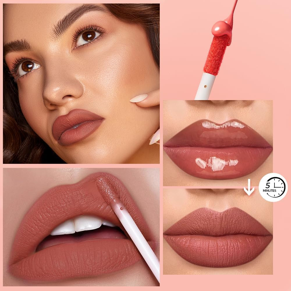 12 Colors Nude Liquid Lipstick Makeup Set Matte Velvet Non-Stick Cup Not Fade Long-Lasting Waterproof Pink Lip Gloss High Shine Lip Plumping Glass Finish Lipstick Set Gift Kit for Women