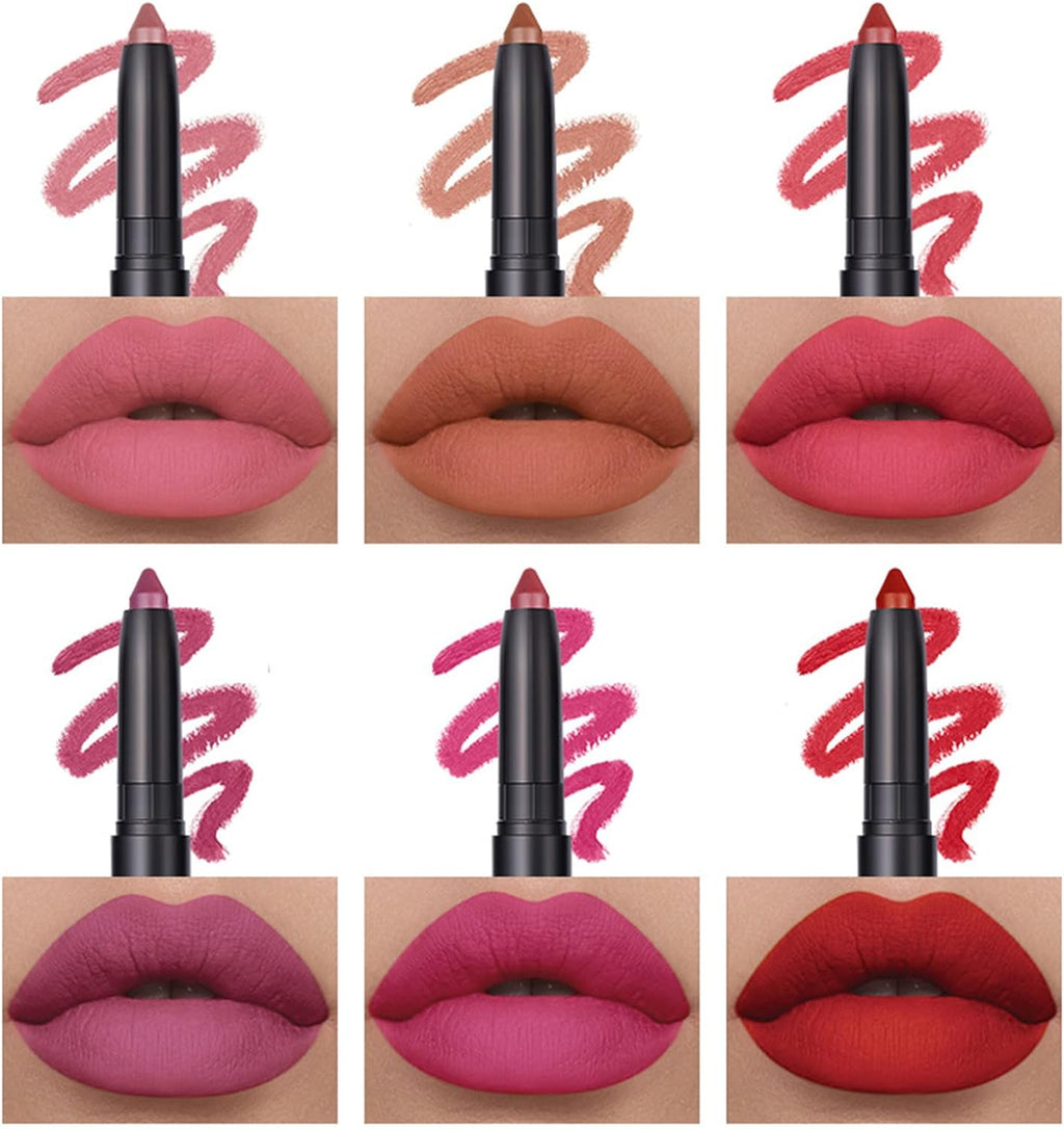 6 Pcs Matte Lipstick Set, Lip Liner Crayon Pencil, Nude Longwear Waterproof Long Lasting Soft Pen, Red Brown Lipstic Female Christmas Cosmetic Makeup Lip Gloss Kit for Women