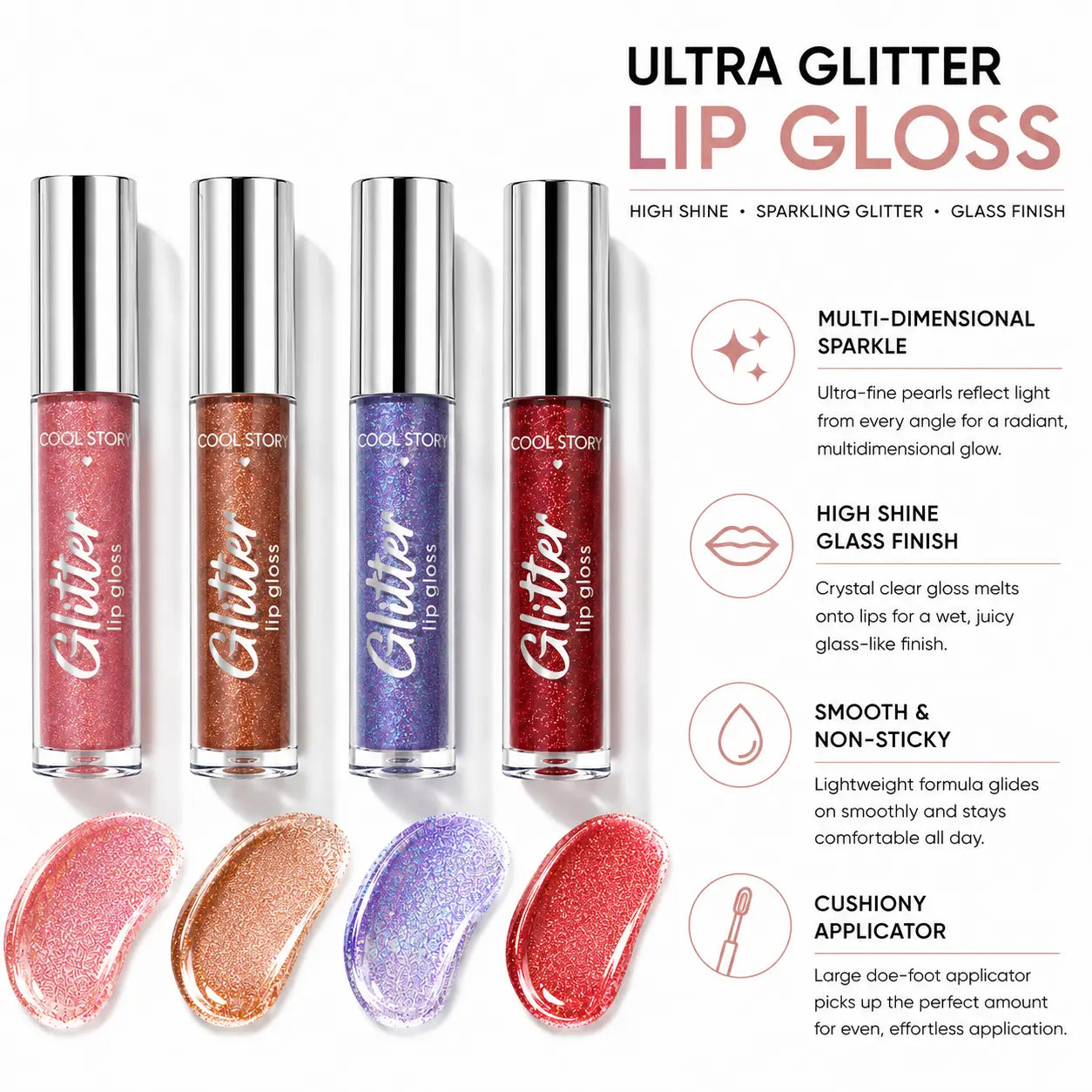 Cool Story 4Pcs Glitter Lip Gloss Set, Metallic Shimmer Liquid Lipstick, High Pigment Sparkly Lip Oil, Long Lasting Moisturizing Lip Makeup