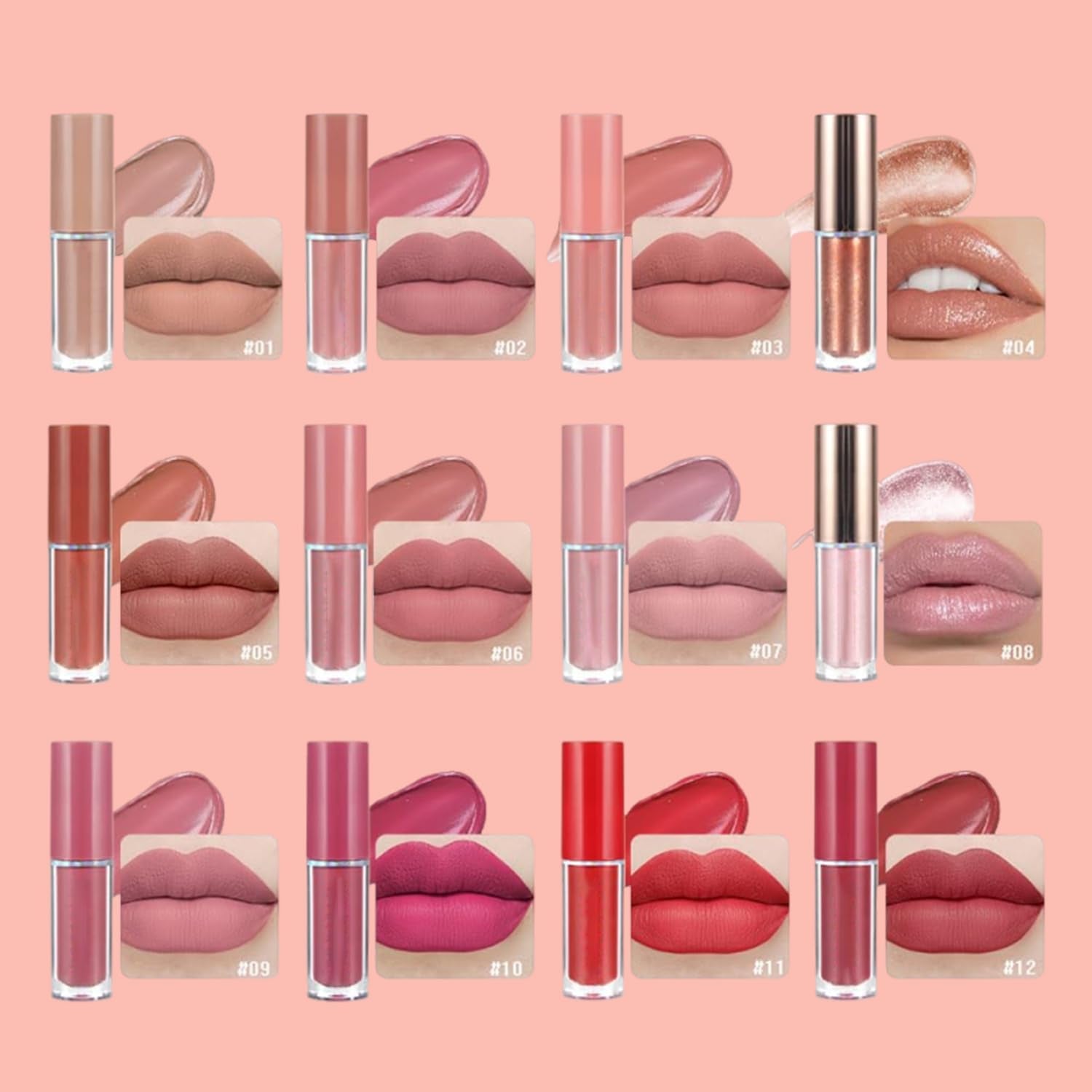 12 Colors Nude Liquid Lipstick Makeup Set Matte Velvet Non-Stick Cup Not Fade Long-Lasting Waterproof Pink Lip Gloss High Shine Lip Plumping Glass Finish Lipstick Set Gift Kit for Women