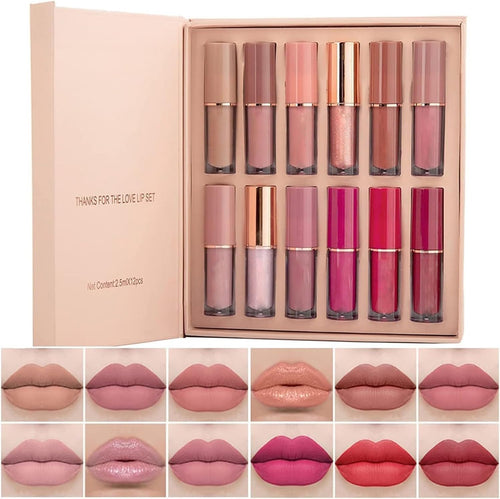 12 Colors Nude Liquid Lipstick Makeup Set Matte Velvet Non-Stick Cup Not Fade Long-Lasting Waterproof Pink Lip Gloss High Shine Lip Plumping Glass Finish Lipstick Set Gift Kit for Women