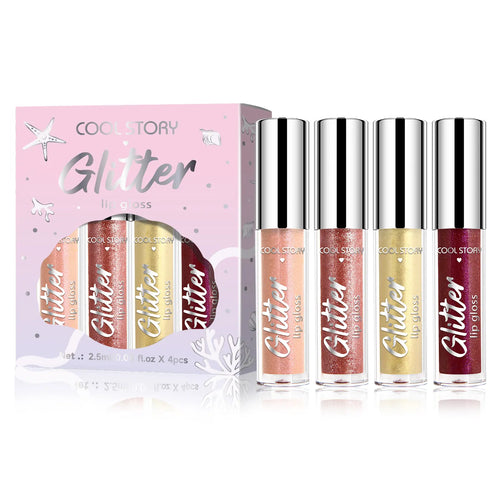 Cool Story 4Pcs Glitter Lip Gloss Set, Metallic Shimmer Liquid Lipstick, High Pigment Sparkly Lip Oil, Long Lasting Moisturizing Lip Makeup
