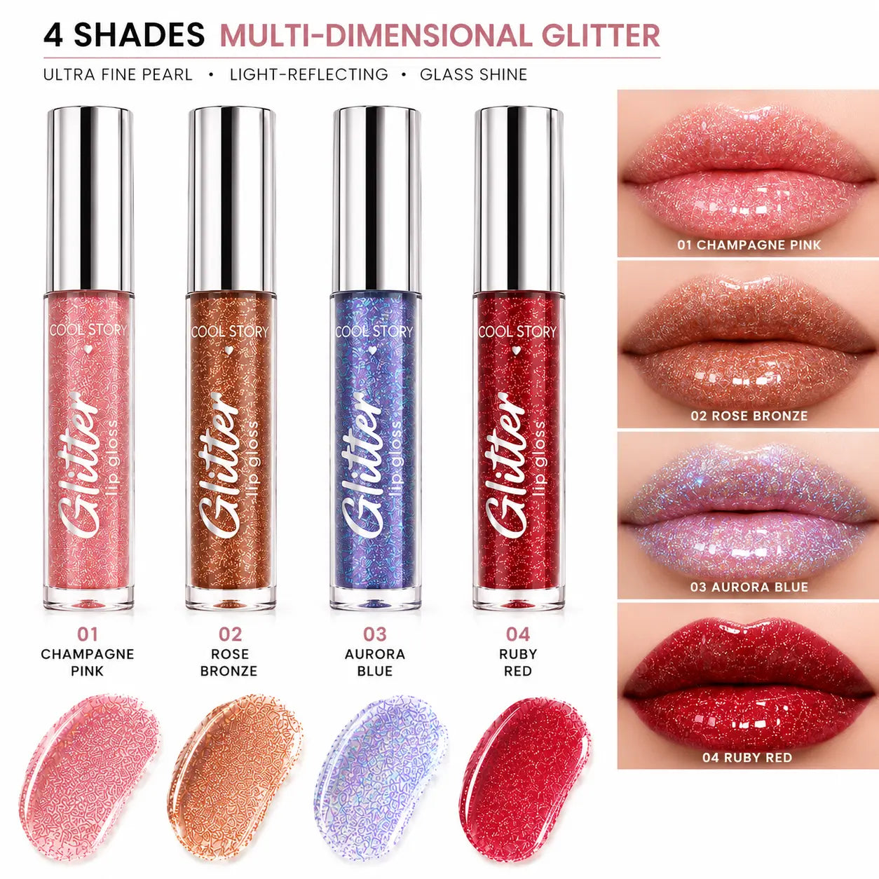 Cool Story 4Pcs Glitter Lip Gloss Set, Metallic Shimmer Liquid Lipstick, High Pigment Sparkly Lip Oil, Long Lasting Moisturizing Lip Makeup
