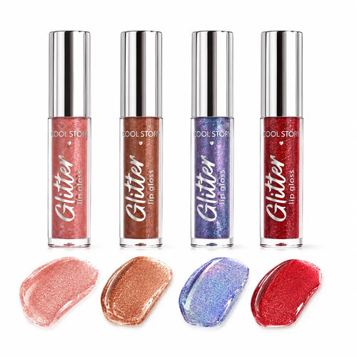 Cool Story 4Pcs Glitter Lip Gloss Set, Metallic Shimmer Liquid Lipstick, High Pigment Sparkly Lip Oil, Long Lasting Moisturizing Lip Makeup